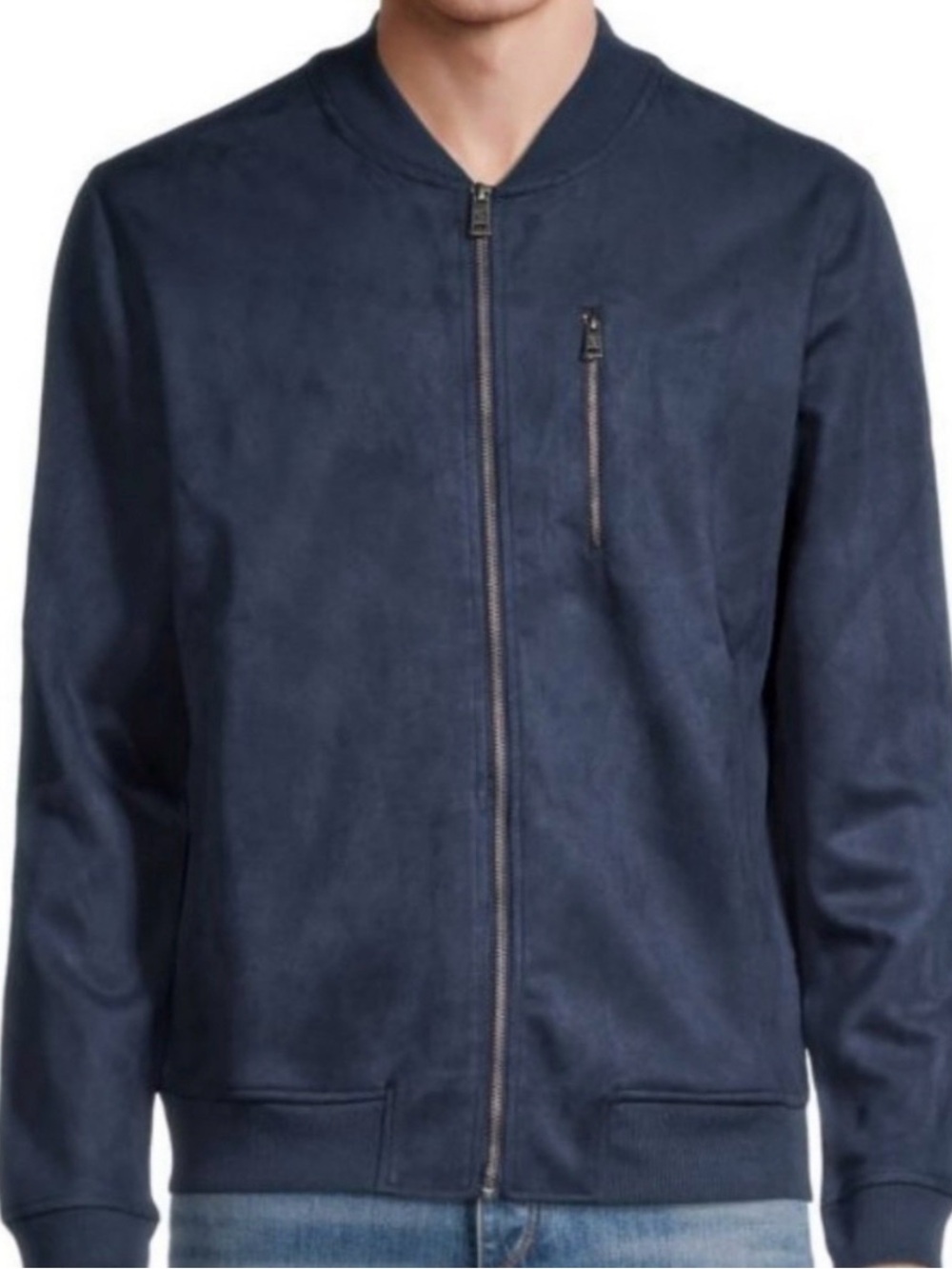 Ben Sherman Suede Navy Zip-Front Bomber Jacket